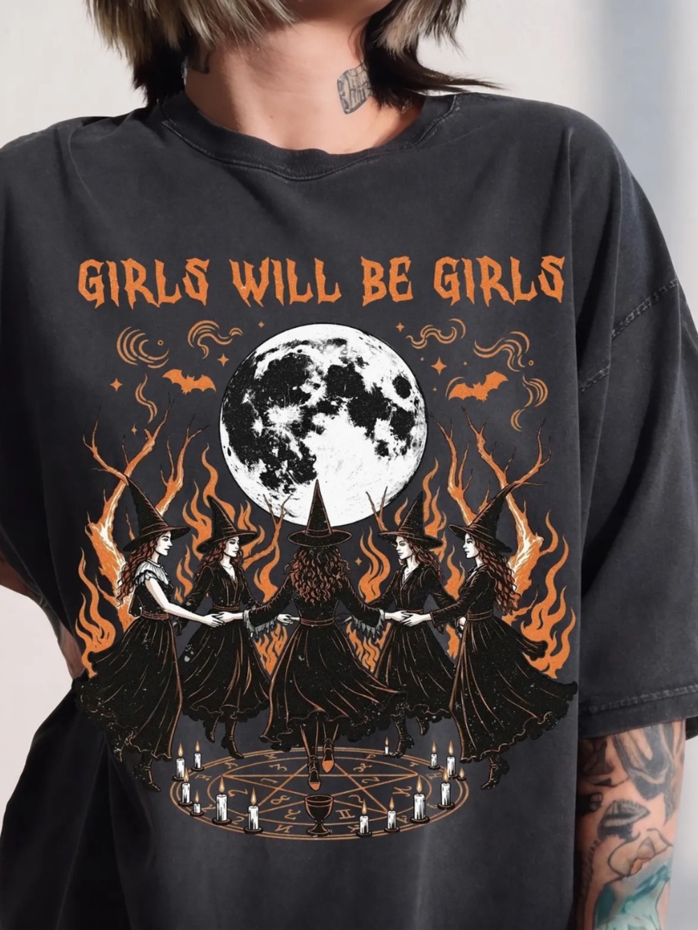 Comfort Colors Black Graphic Witch Tee with Orange and White Print